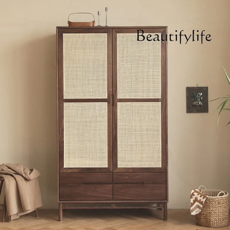 

Household Japanese-Style Retro Rattan Wardrobe Solid Wood Double-Door Storage Wardrobe