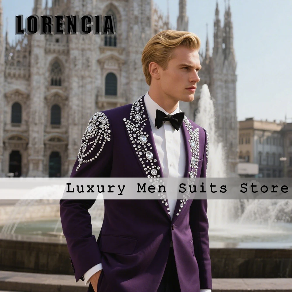 

Sparkling Crystal Men Suits 2 Pieces Single Breasted Tuxedos Wedding Party Outfits Customized Blazer Pants trajes para hombre