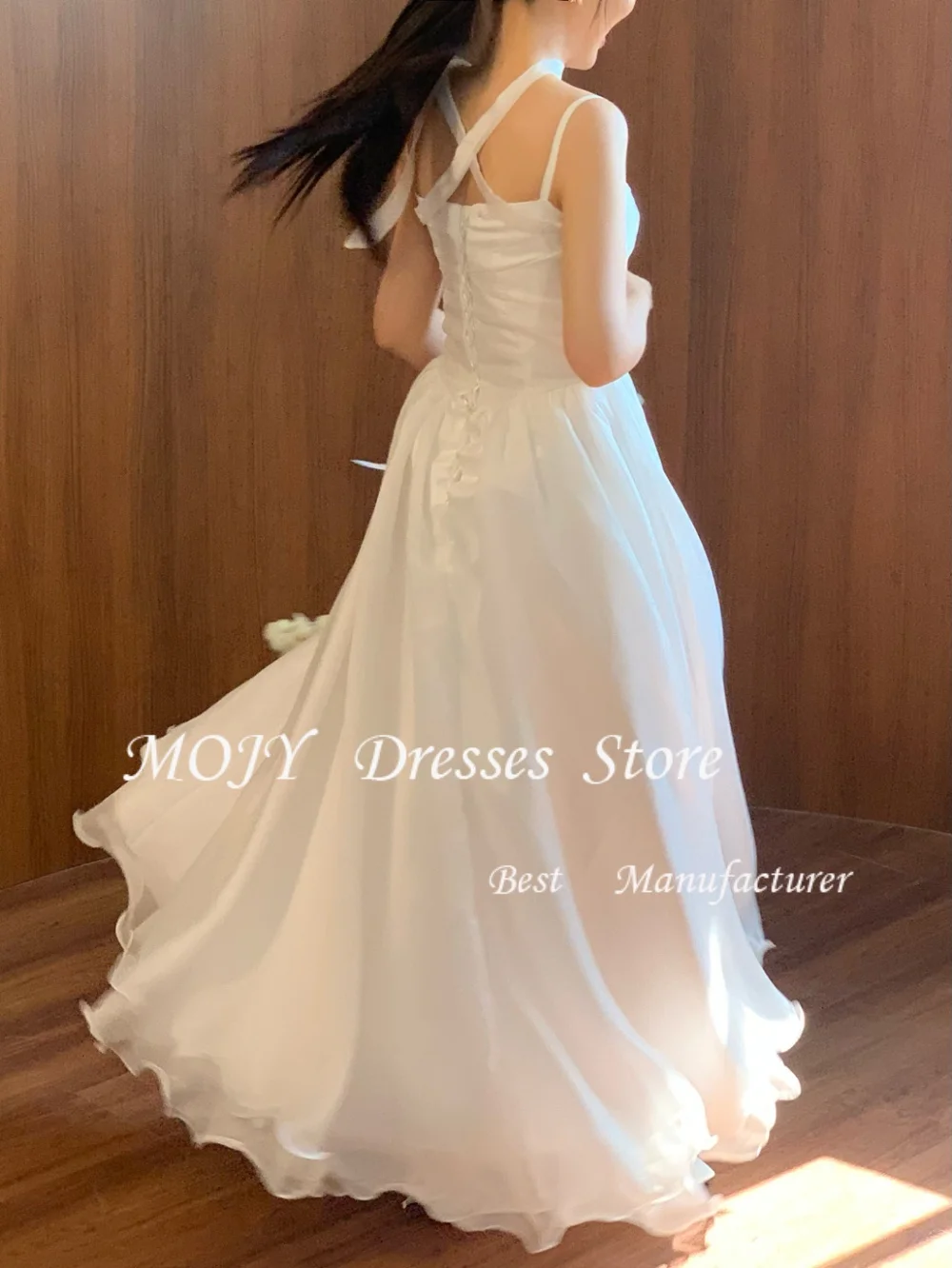 Mojy A-line Simple Wedding Dresses Spaghetti Straps Draped Floor-Length Bridal Gown Photo Shoot Dresses Customized Organza