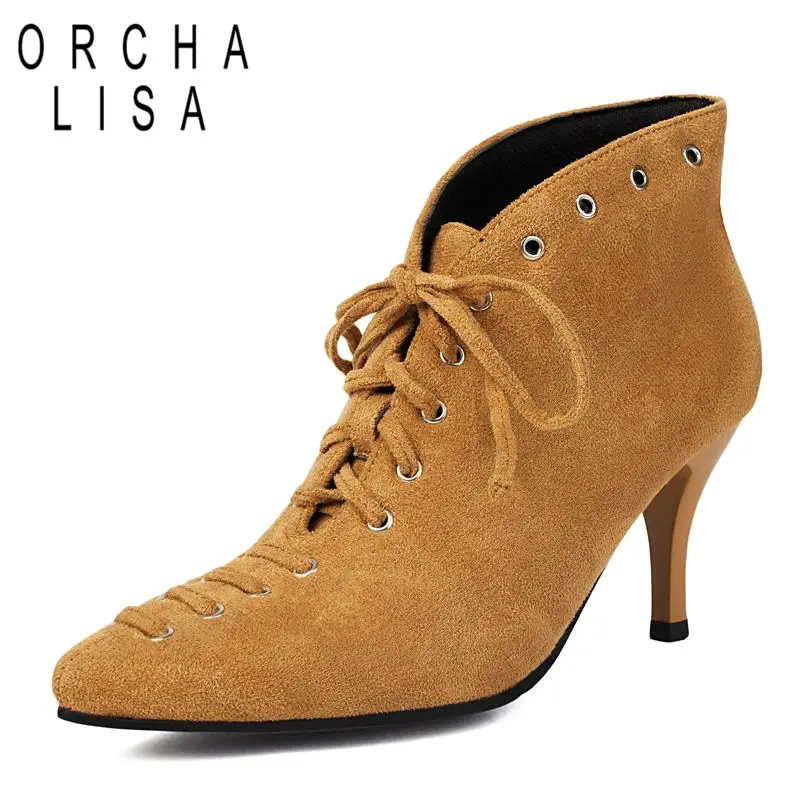 

ORCHA LISA 2025 Замшевые женские ботильоны из флока с острым носком на тонком каблуке 8,5 см на шнуровке, большой размер 41 42 43 Fashion Office Lady Bota