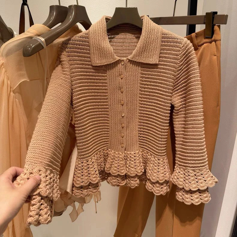 

Chic Early Autumn New Sle Knitted Sweater Women's Long Sve Hollow out Bordered Bell Sve Turn-down Collar Faion Set