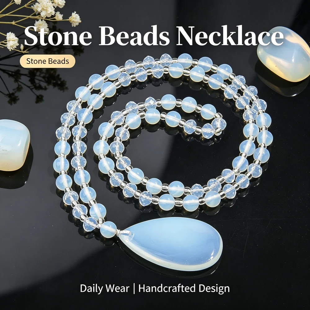 Handmade Opalite Beaded Necklace Teardrop Pendant Women Bohemian Statement Jewelry