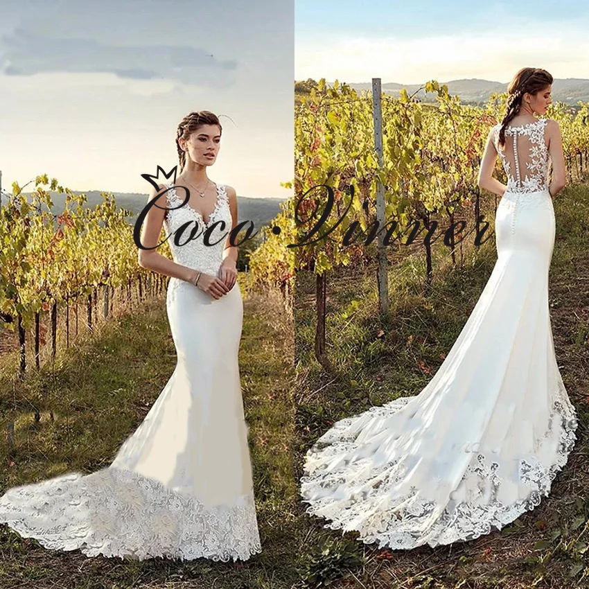 Vestido de novia personalizado con cuello en V, ilusión en la espalda, sirena, Apliques de encaje, tren de barrido, vestidos de novia hechos a medida W1130