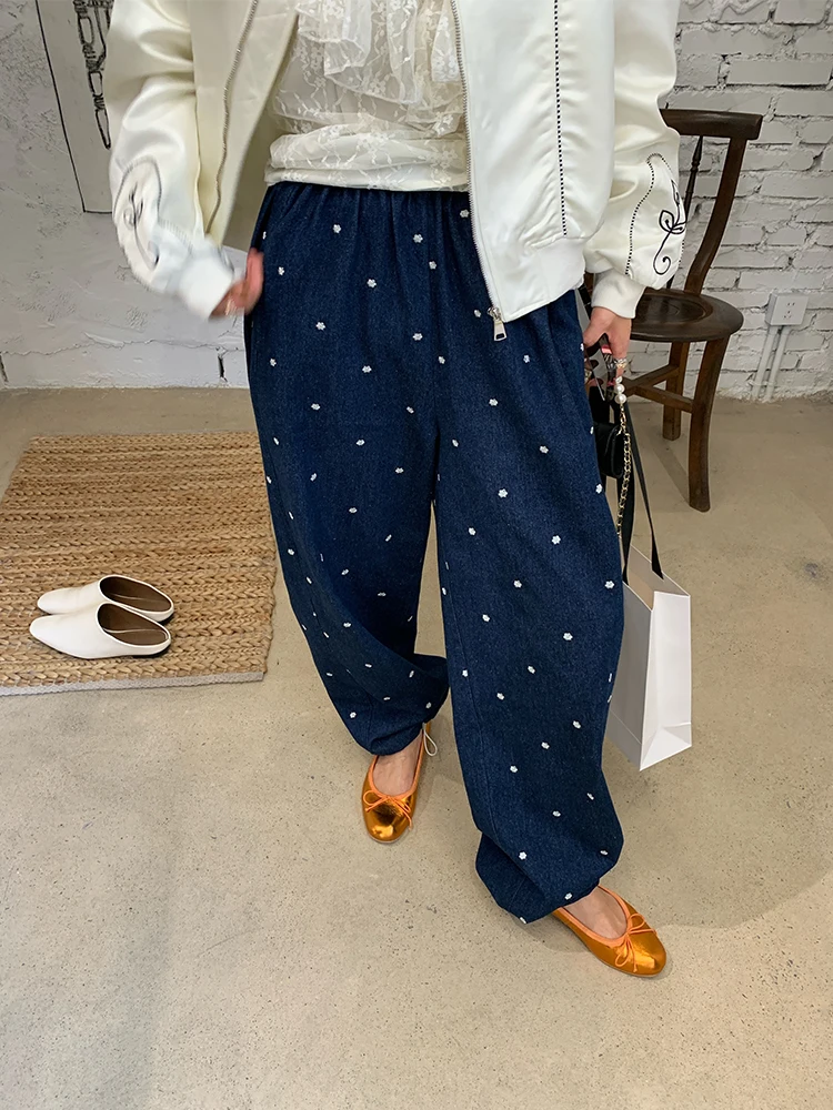 

Embroidered Elastic Waist Wide Leg Jeans Women's Design Spring Autumn High Waist Straight Cut Deep Blue Denim Pants