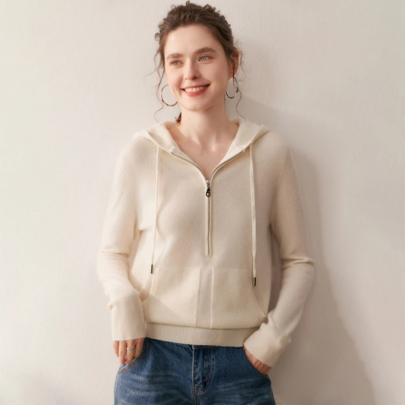 

Classic Half Zipper Pullover Sweater Women's 100% Cashmere Knitwear Autumn Winter Simple Long Sleeve Basic Cashmere Hoodie Tops