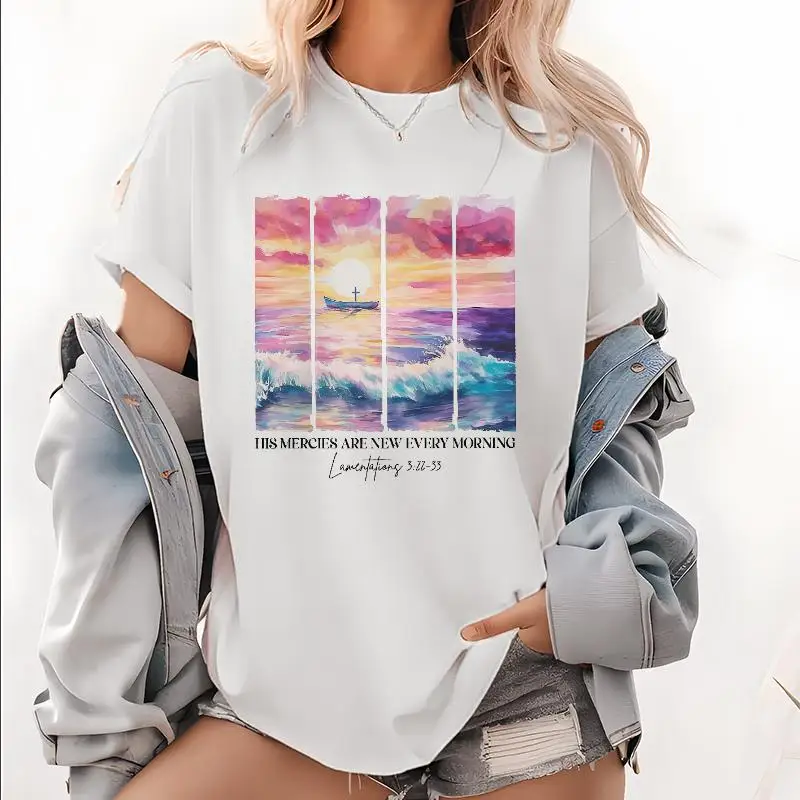 

Inspirational Christian T-Shirt, His Mercies Are New Slogan Tee, Religious Faith Quote Top, Oil Painting Print for Women