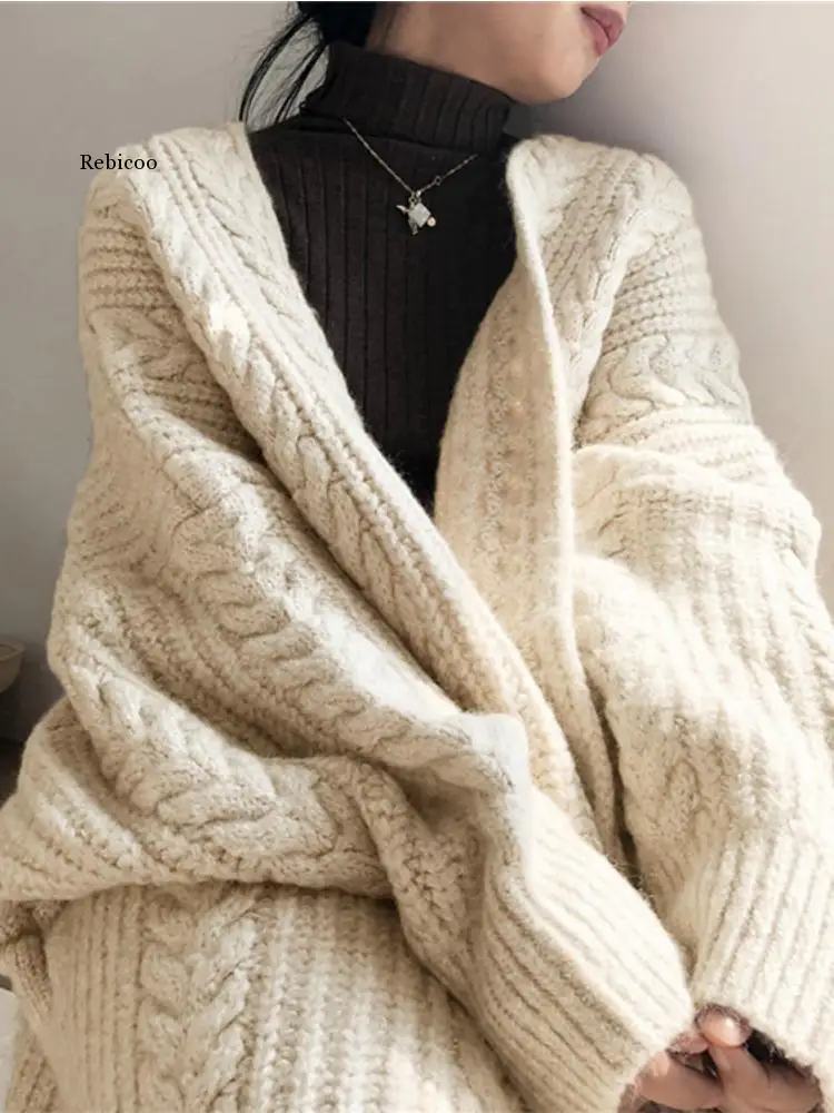 

New Korean Fashion Autumn Winter Medium Length Knitted Cardigan Thickened Loose Fried Dough Twist Sweater Jacket Women Cardigan
