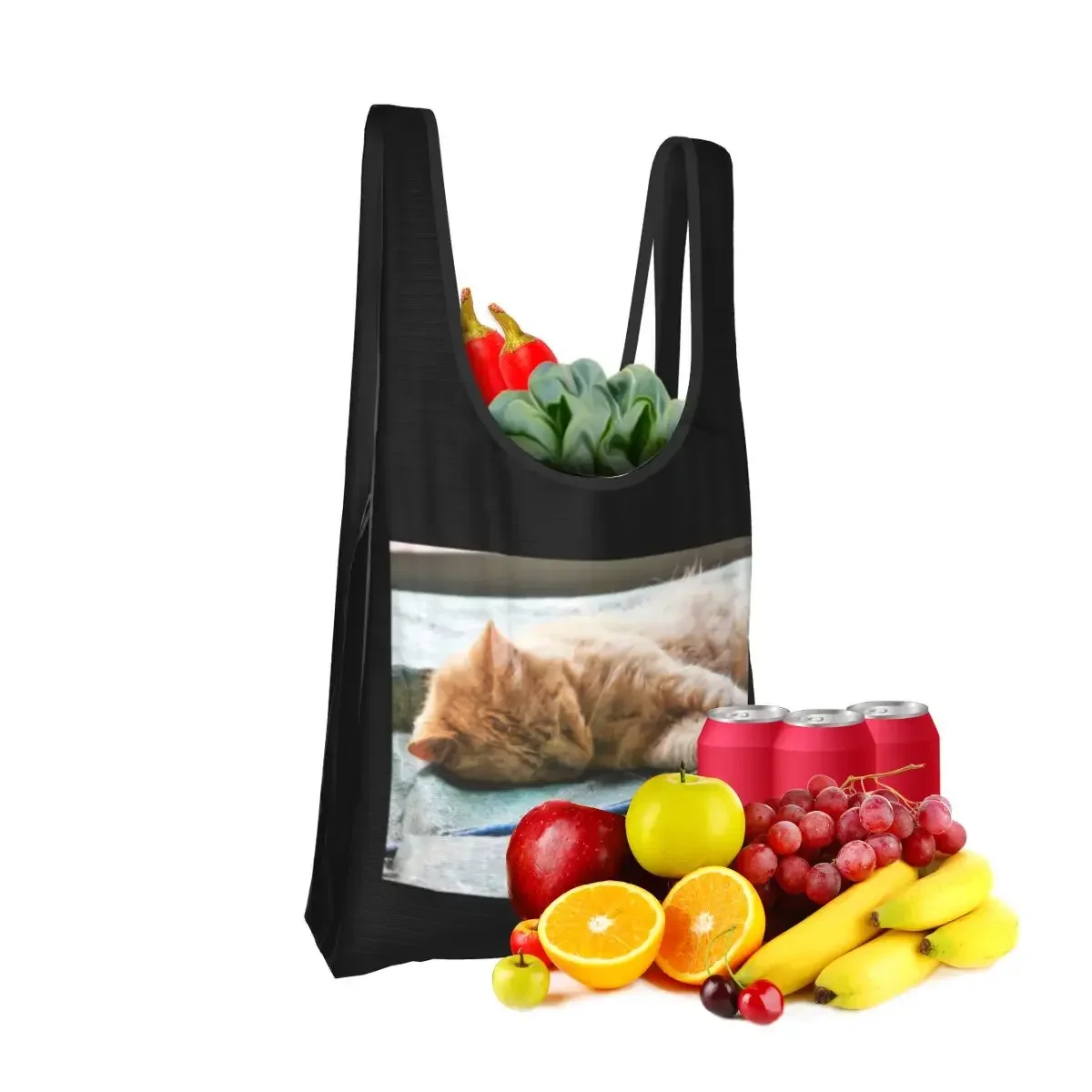 Sleeping Longhaired Ginger Cat Shopping Bag Portable Tote Bags Reusable Shoulder Shopper Bag Groceries Handbag