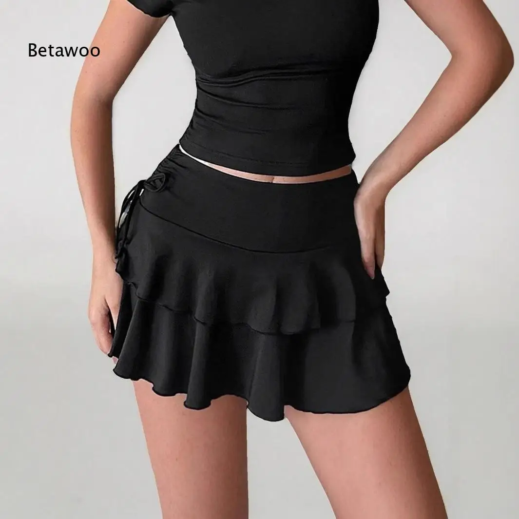 Women's High Waist Ruffled Mini Skirt Drawstring Side Tie A-Line Pleated Skort Casual Sporty Summer Skirt Solid Color Tennis