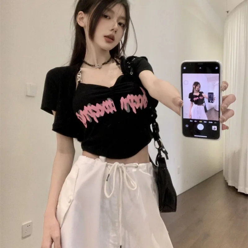 Printed Cropped Sets Women Summer Sweet Spicy Girls Skinny Halter Neck Short Sleeve Fashion Leisure All-match Korean Style Chic