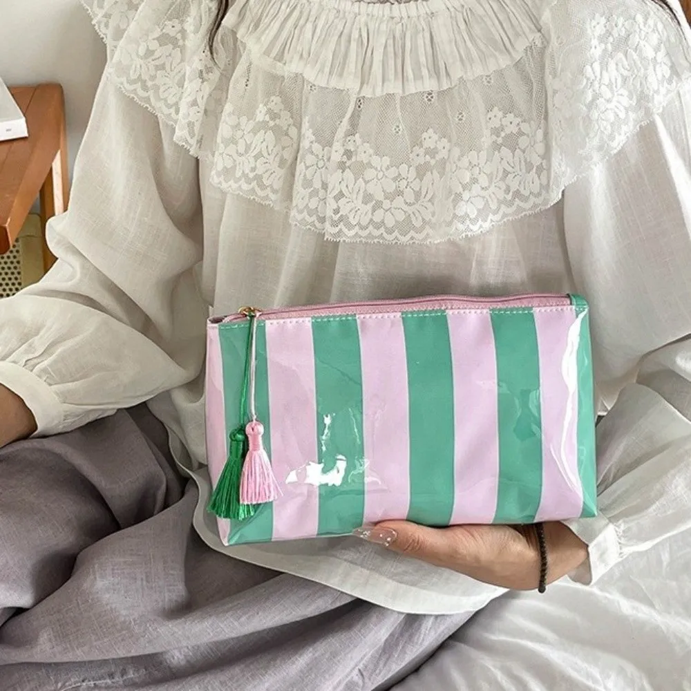 Waterproof Striped Cosmetic Bag Polyester Lining Large Capacity PVC Toiletry Bag Tassel Pendant Smooth Zipper Beach Storage Bag