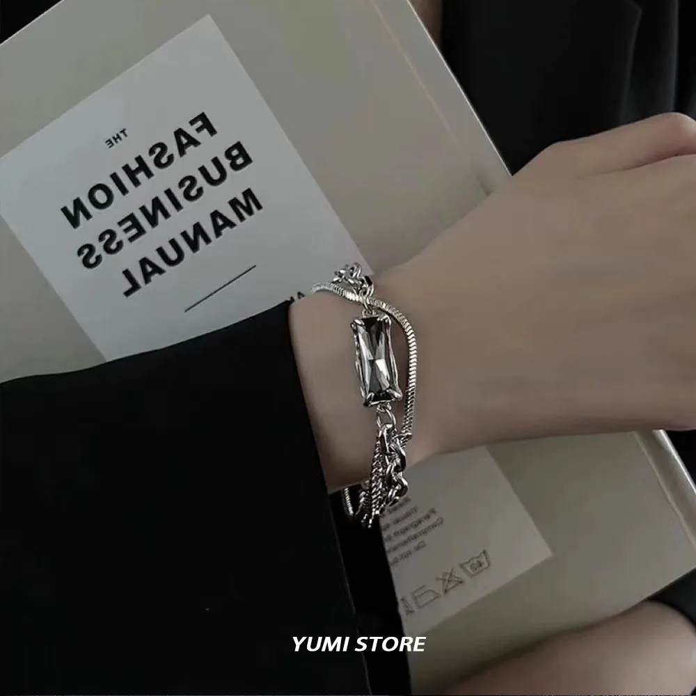 Trend Black Zircon Titanium Steel Bracelet For Men Women Korea Kpop Silver Color Geometric Splice Chain Bracelet Unisex Jewelry