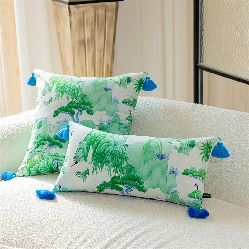 Cushion cover with tassel for home decoration, Chinese traditional style pillow cover, green and blue color, with tassel, 18 inc