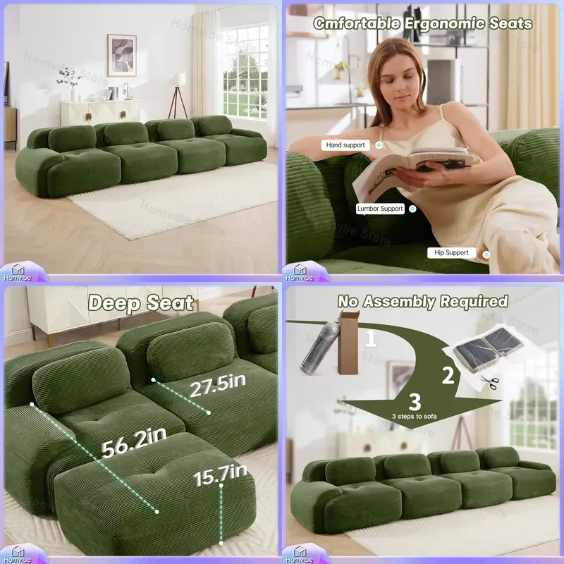 4 Seat Sofa Corduroy Fabric Pet Friendly Ergonomic Living Room Sofa Set Free Combination Modular Sofa Full Compression