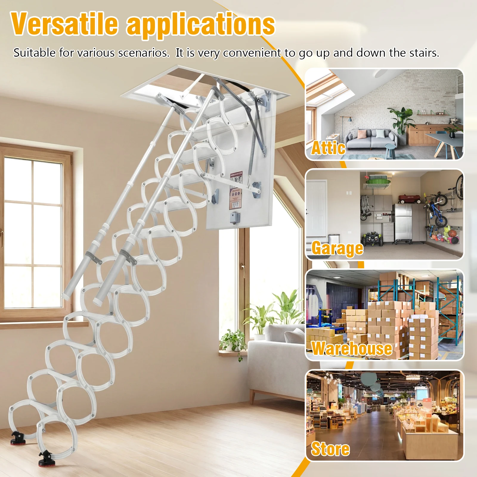 

12 Steps Ceiling Mounted Attic Ladder with Handrails Retractable Ceil Stairs 660LBS Capacity Height Adjustable for Rough Opening