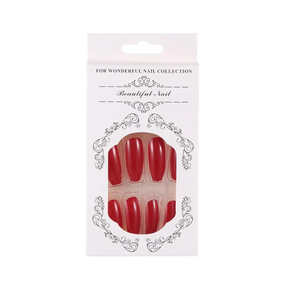 24pcs/Box Jelly Red Full Cover Coffin Nail Tips Fake Nails Wearable Long Ballerina False Nails