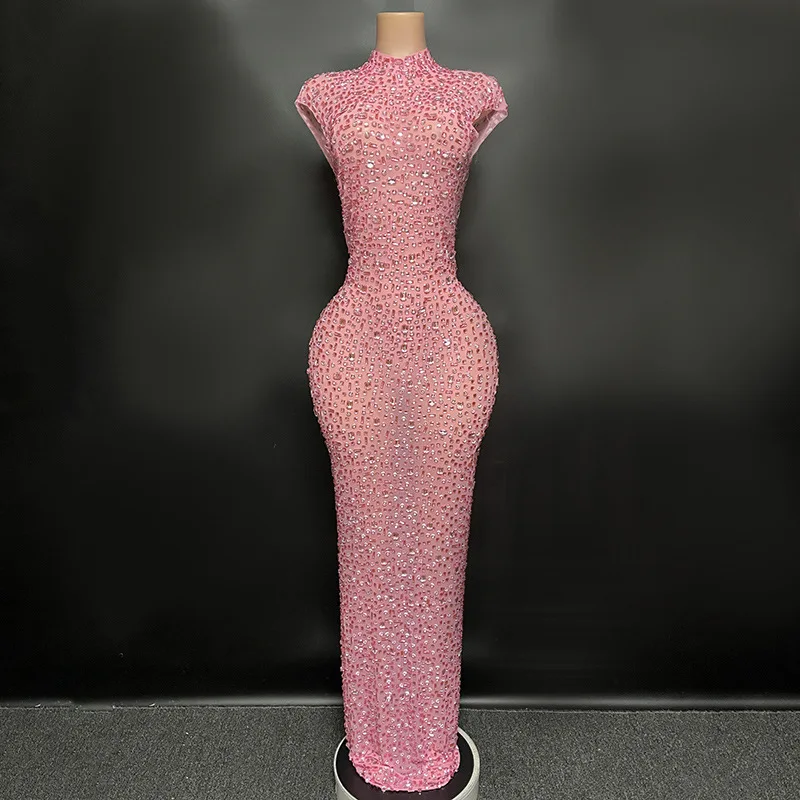 Sparkly Full Rhinestones Long Dress Sexy Mesh See Through Women Celebrate Evening Prom Birthday Dress Singer Show Stage Wear