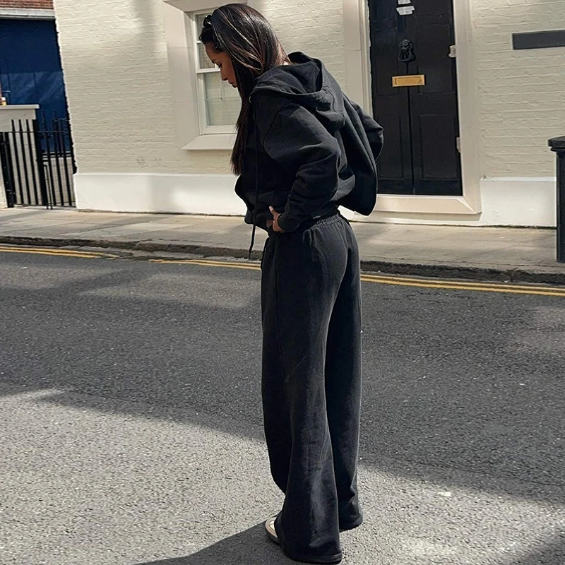 Pantaloni da donna a gamba larga con coulisse tinta unita Abito a maniche lunghe con cerniera ritagliata Giacca con cappuccio casual da donna High Street Set da 2 pezzi