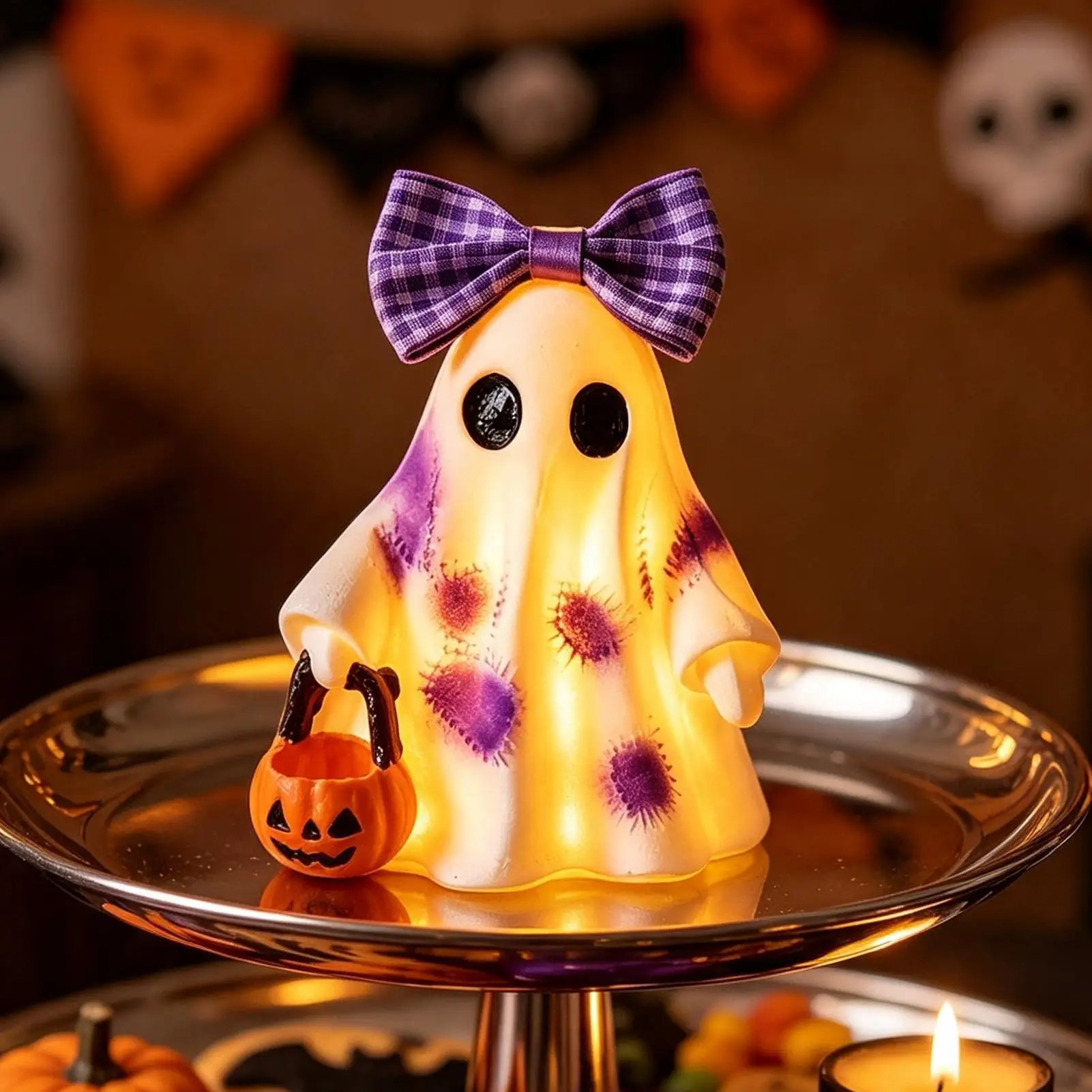 Light Up Retro Patchworks Ghost Figurines Halloween Ghost Statues Country Autumn Ghost Pumpkin Statues With Striped Bow Tie