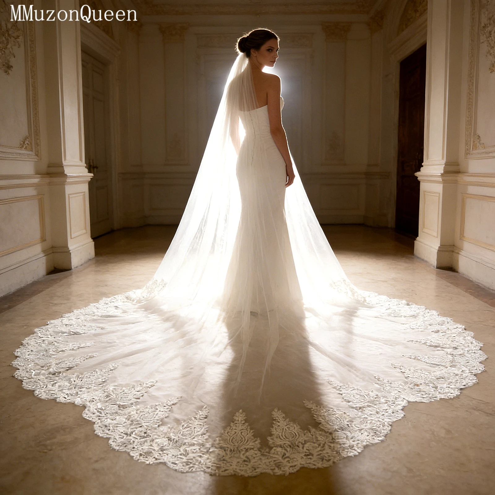 TOPQUEEN Velo De Novia Lujosa Extra Long Royal Lace Bridal Veil Wedding Cathedral Veil With Lace Edge Customizable V92
