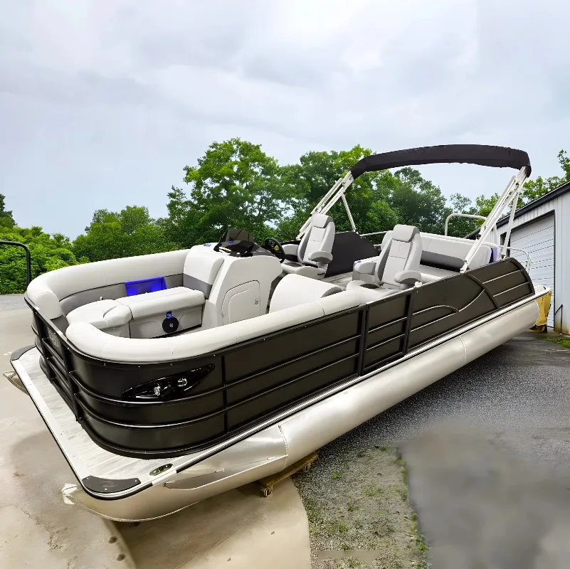 2026 New Aluminum Pontoon Boat 22ft with Foldable Bimini Top LED Navigation Lights for Family Fishing Cruising