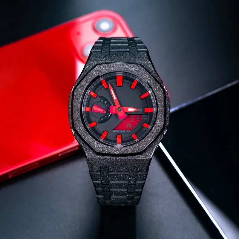 Gen4 طقم عصري لـ Casioak GM2100 حافظة معدنية من الفولاذ المقاوم للصدأ طقم تعديل حزام مطاطي ملحقات Casioak GM-2100 مع المسمار