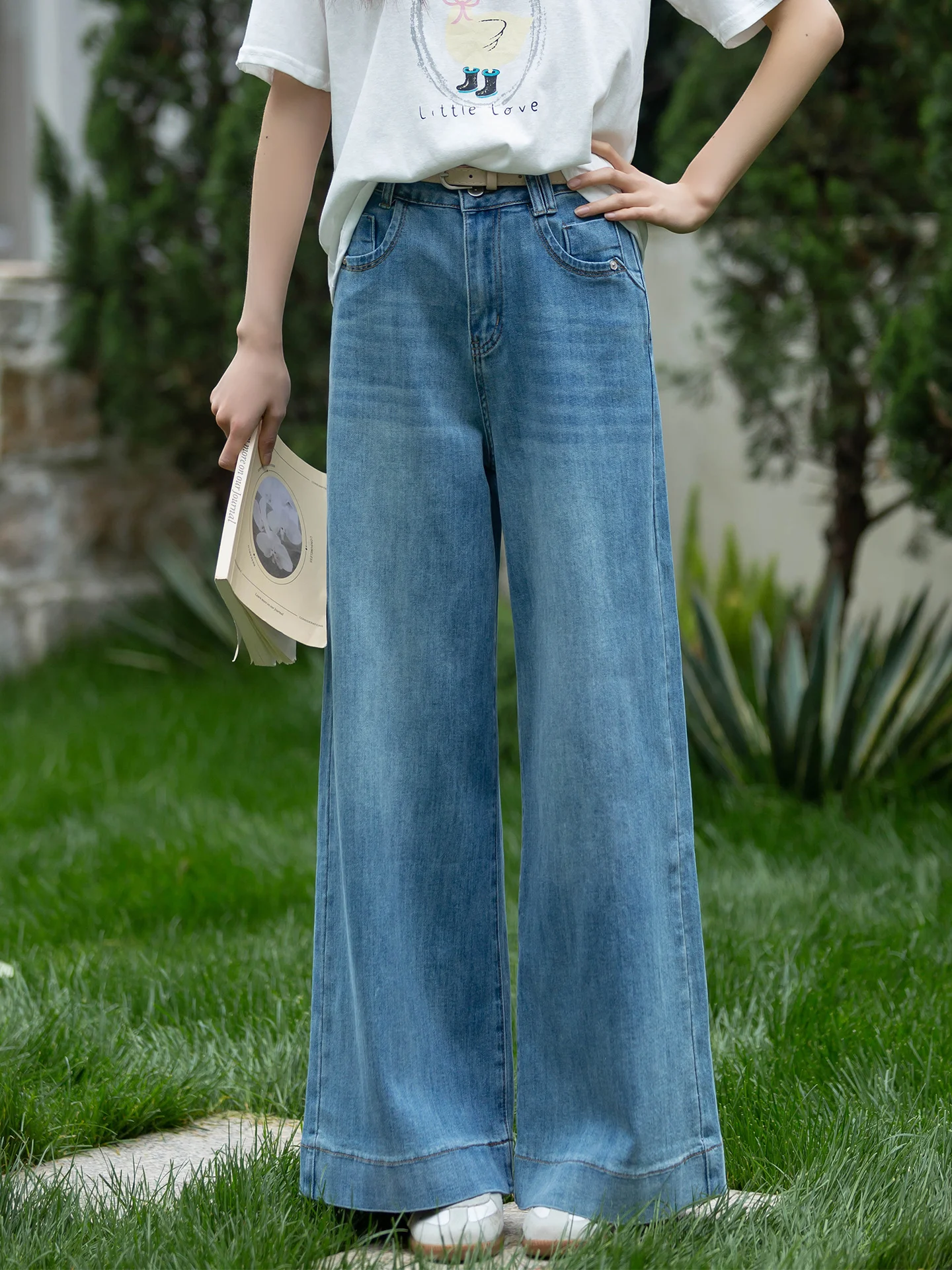 

Женские джинсы с высокой талией и широкими штанинами, синие, весенне-летние, тонкие, свободные, прямые, в пол, повседневные, удобные, из денима