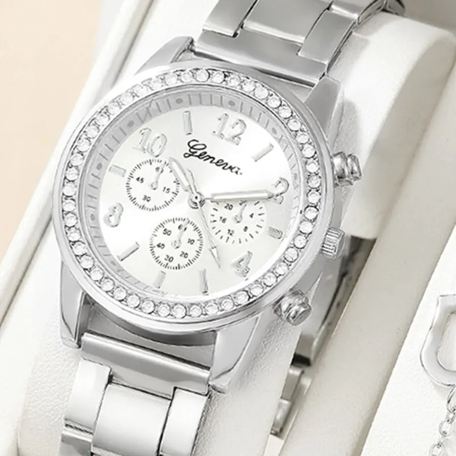 2024 1pc Luxury Quartz Watch Women Business Fashion Casual Round Rhinestone Rhinestone Silver Stainless Steel Strap Watch