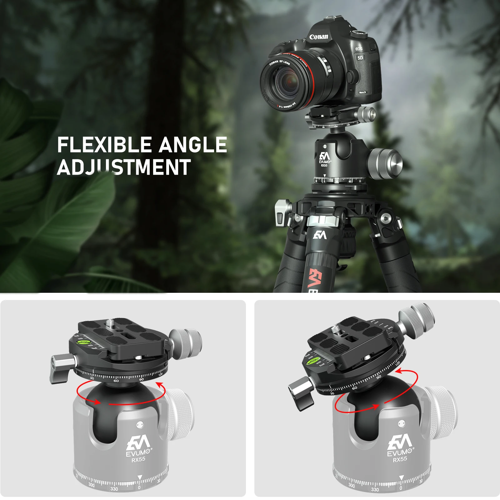 EVUMO 55mm Professional  Ball Head Double Panorama Low Profile CNC Mental Tripod Head with Arca Swiss Extra Quick Release Plate