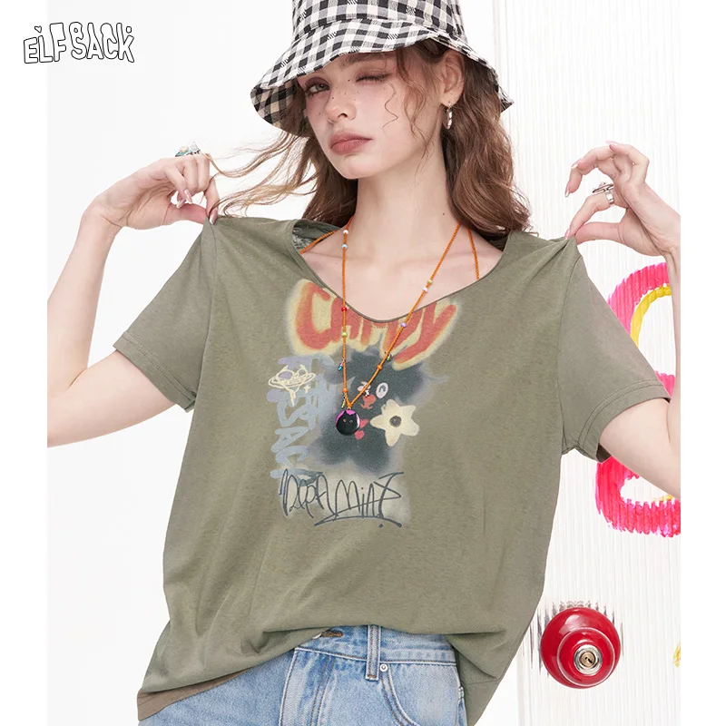 ELFSACK 2025 Summer New Arrivals V-Neck Printed Casual Short Sleeved T-Shirt For Women