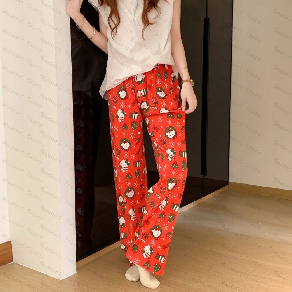 2026 سانريو مرحبا كيتي الحليب الحرير بيجامة المرأة فضفاضة النسخة الكورية الربيع الصيف المنزل عادية بنطلون بيجاما ملابس خارجية السراويل الطويلة #4