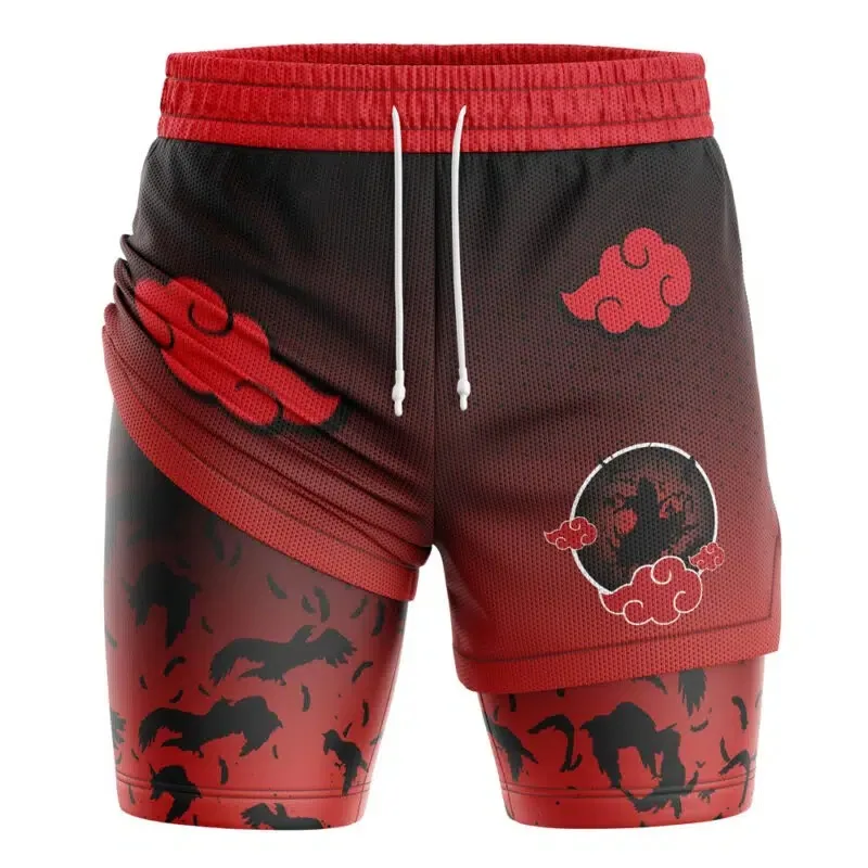 Shorts pour hommes, pantalon de sport à double couche en mesh à séchage rapide, faux deux-pièces, pantalon à thème anime