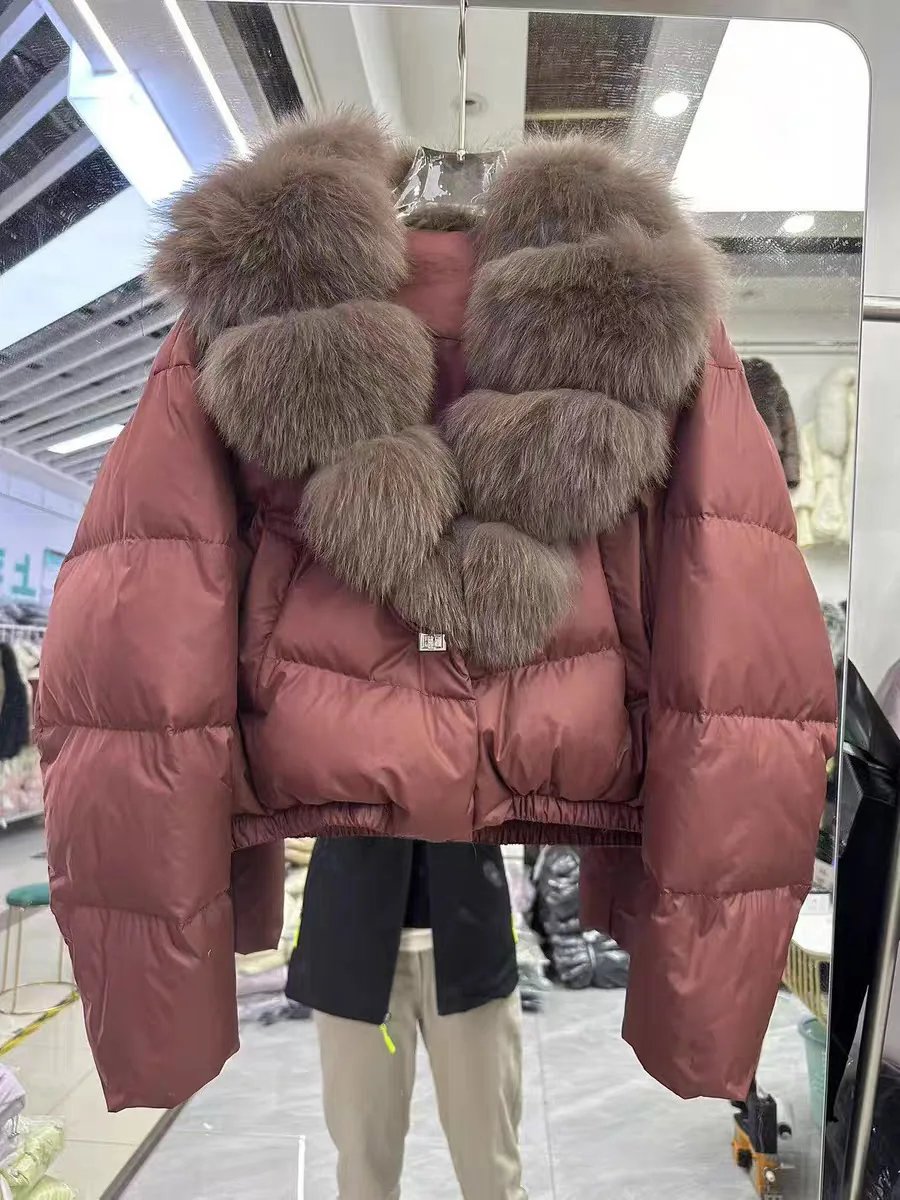 Winter Detachable Natural Large Fur Collar DownJacket Female Pocket Warm Thicken Quilted Jacket Women White Duck Down Outwears