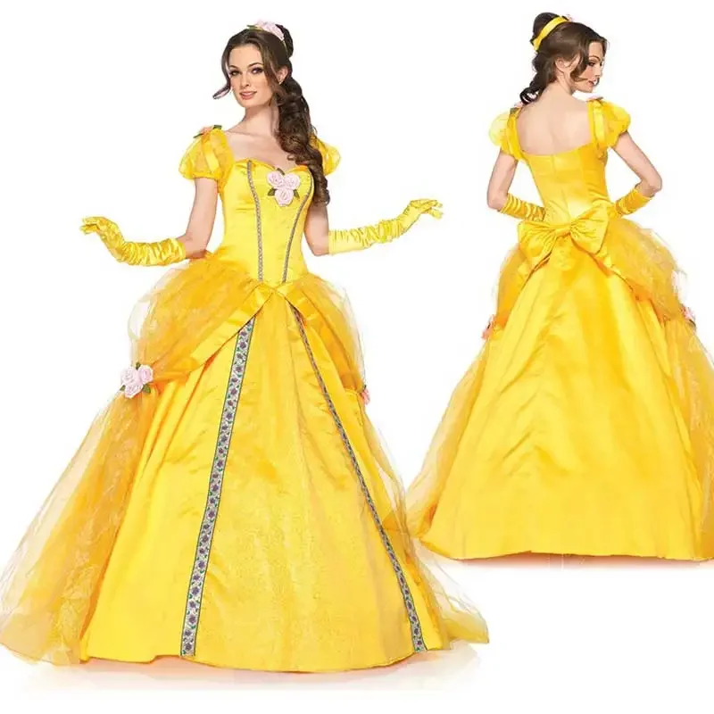 Women Belle Dress Adult Princess Costume Fancy Dress Up Party Carnival Cosplay Performance Halloween Yellow Costume