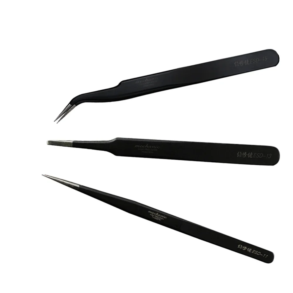 Tweezer MECHANIC ESD-11 ESD-13 ESD-15 Straight Curved Tip Round Flat Head For Electronic DIY Precision Anti-static Black Clip