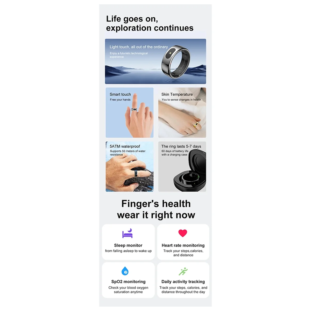 M85K R08 Waterproof Smart Ring Unisex, Health Monitor with Touch Function, Smart Ring with Skin Temperature Measurement