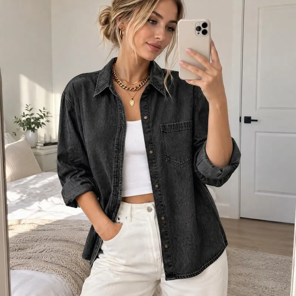 Denim Blouse Comfortable Tunic Women Denim Shirt Jacket Lapel Long Sleeve Coat Button-down Loose Fit Tops Solid Color Autumn