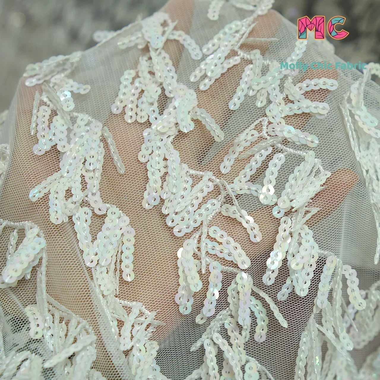 

New Mesh S-shaped Tassel 5mm Iridescent Sequin Embroidery Fabric Sewn Latin Dance Evening Dress Dress Wedding Fabrics For Sewing