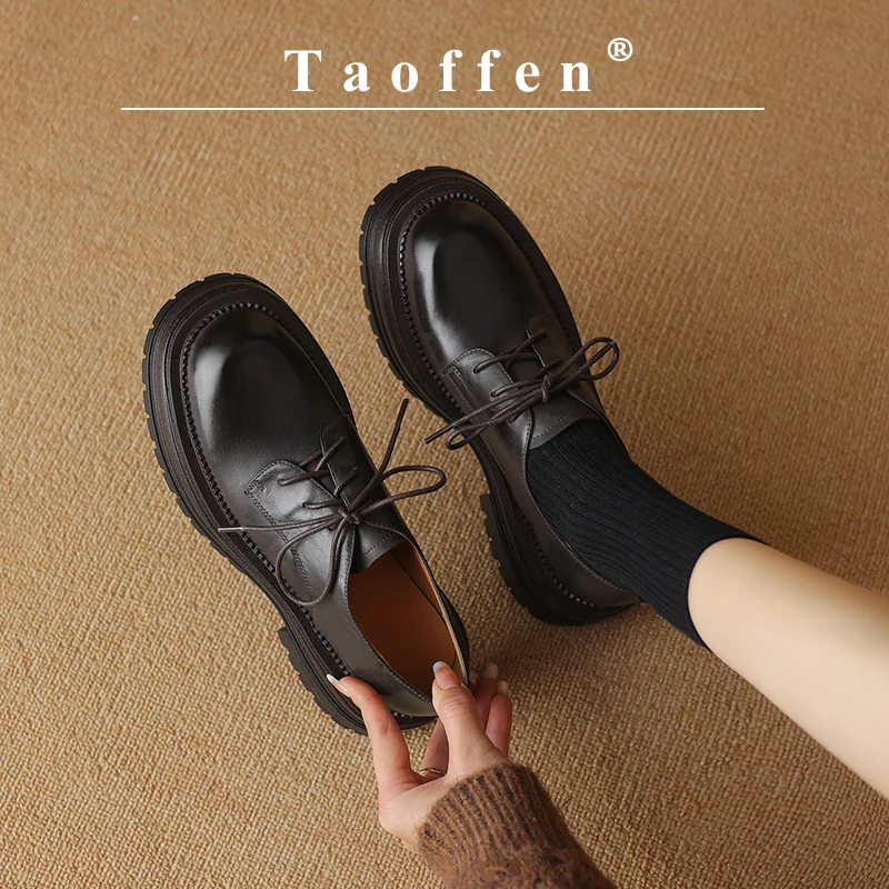 

Taoffen Casual Retro Loafers For Women Genuine Leather Solid Square Heel Thick Sole Fashion Round Toe Lace-up Office Lady Shoes