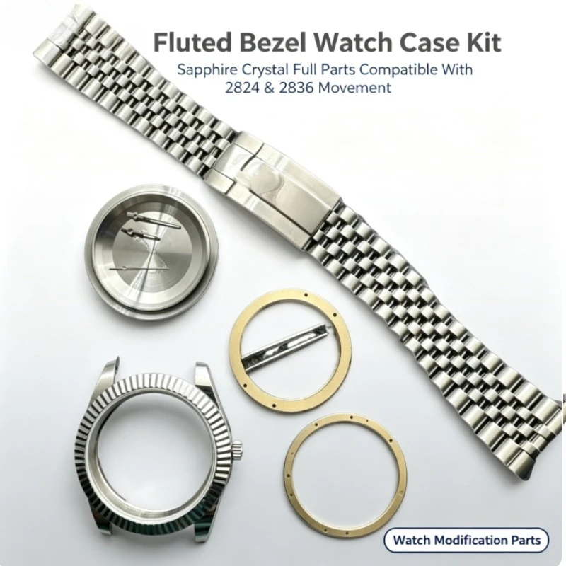 For 41mm Fluted Bezel Watch Case Set Sapphire Glass Full Watch Parts Fit for 2824 2836 Mechanical Movement