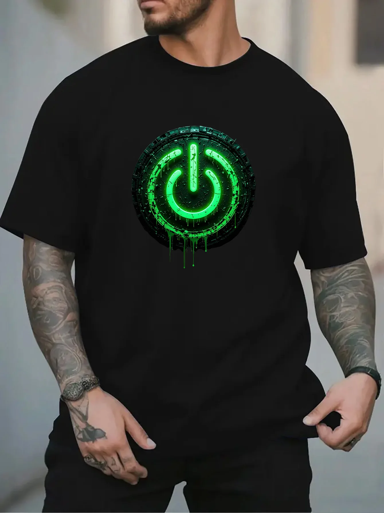 Male Black Round Neck T Shirt Grunge Melting Neon Green Power Symbol Circuit Circle Futuristic Gaming Daily Light Cotton Tees