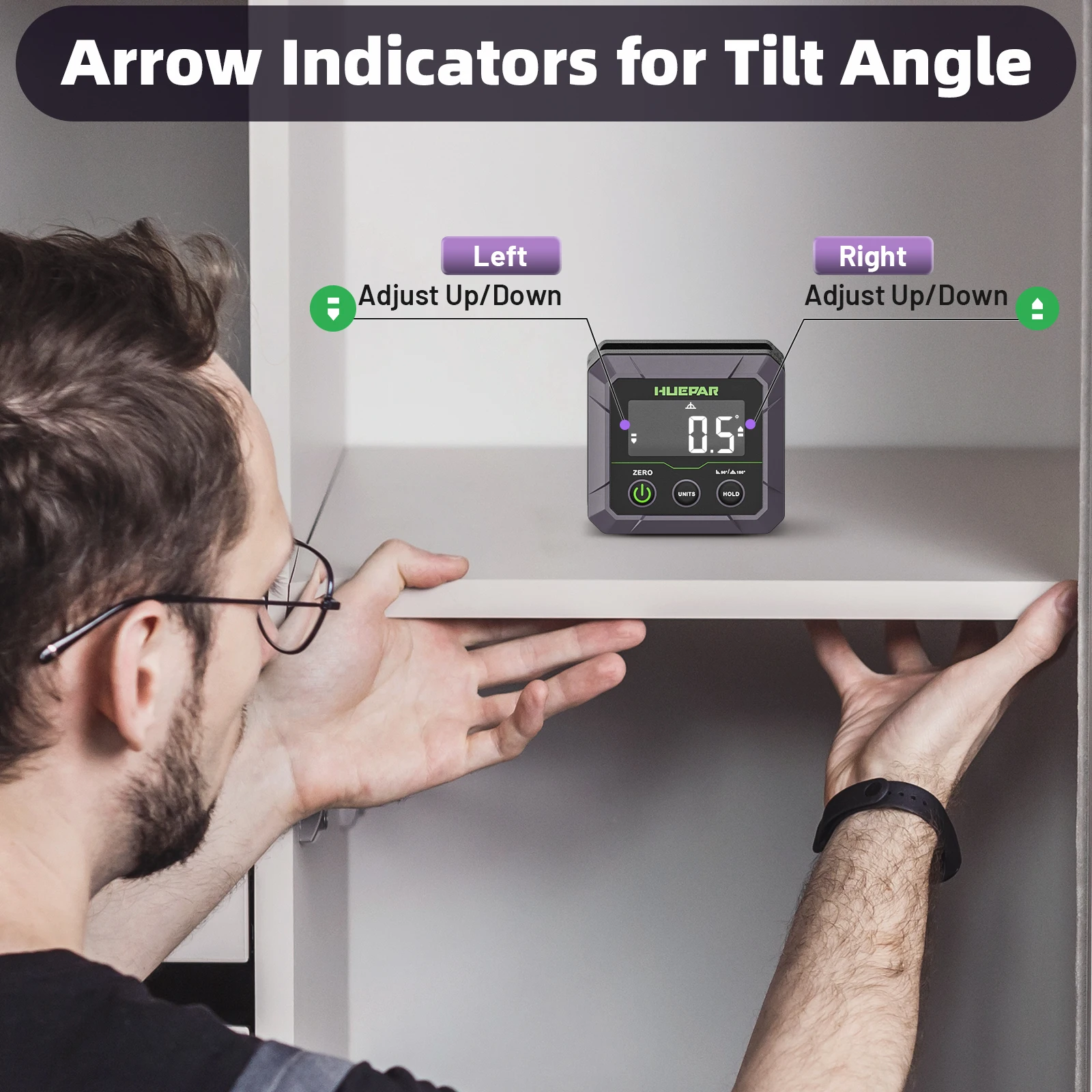 Huepar Buscador y inclinómetro digital, ±0,1 °   Alta precisión, base magnética, 360 °   Flip, Calibración, para Construcción DL141