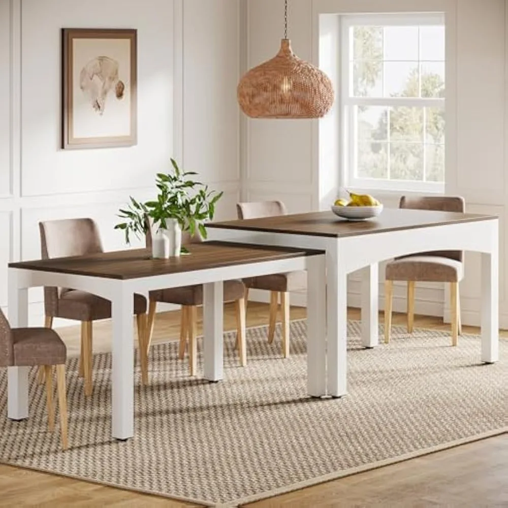 

47”-95” Extendable Dining Table, Long Wood Kitchen Table with Heavy-Duty Metal Frame, Farmhouse Large Rectangular Dinner Table