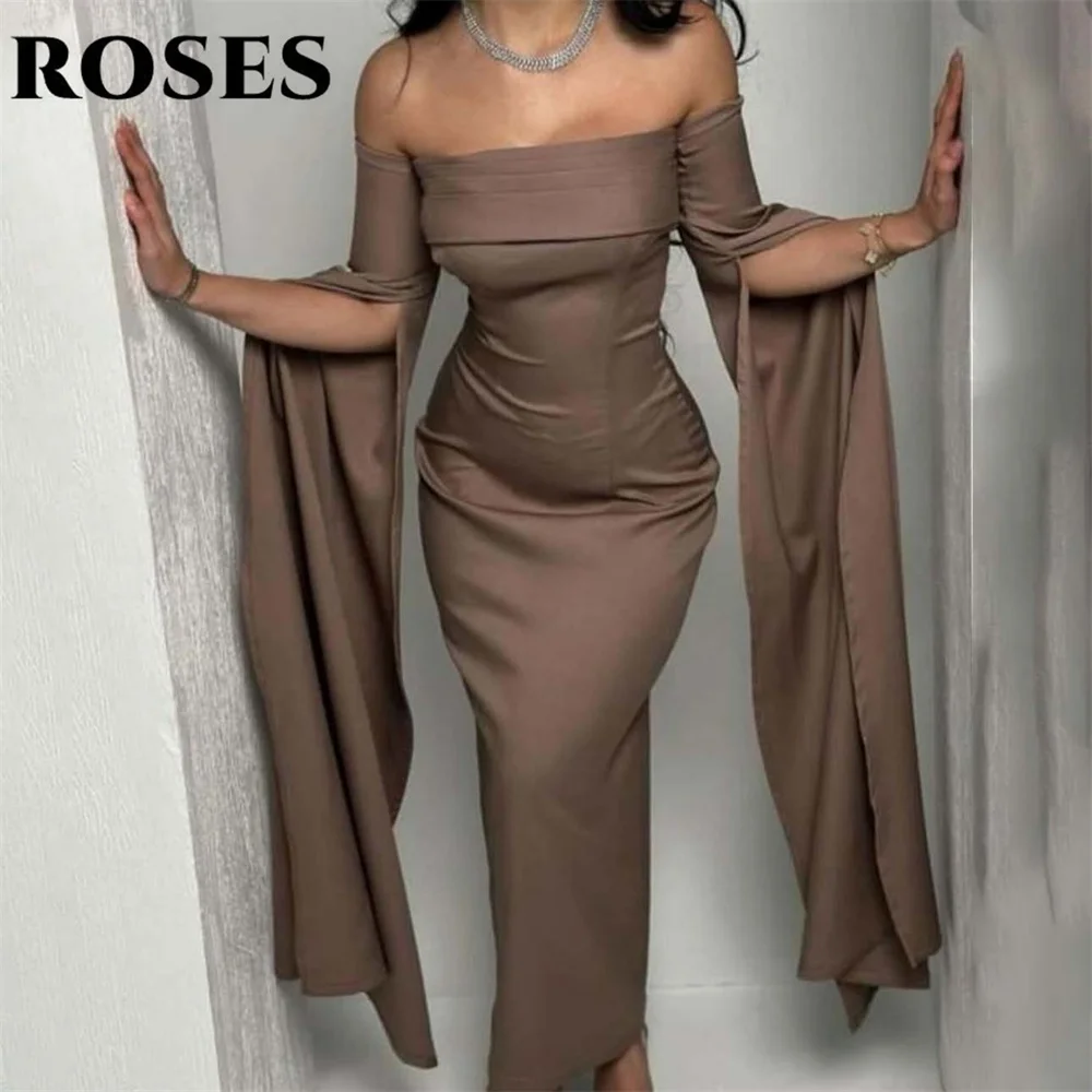 

ROSES Champagne Party Dress with Pleat Trumpet Saudi Arabia Night Dress Satin Off the Shoulder Ruched Celebrity Dress Customized