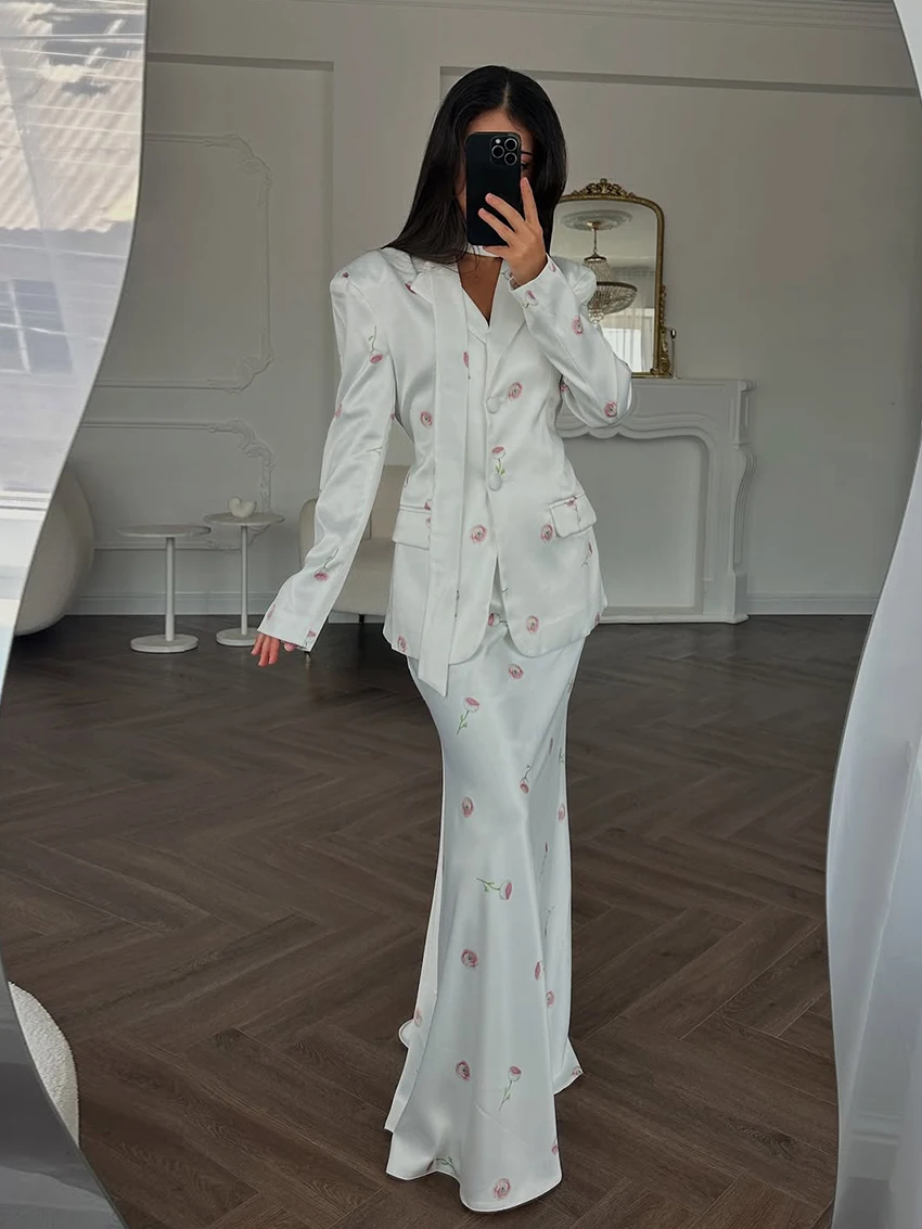 

Marthaqiqi Printing Female Nightgowns Suit Sexy Turn-Down Collar Nightwear Long Sleeve Pajamas Long Skirts Women Sleepwear Sets