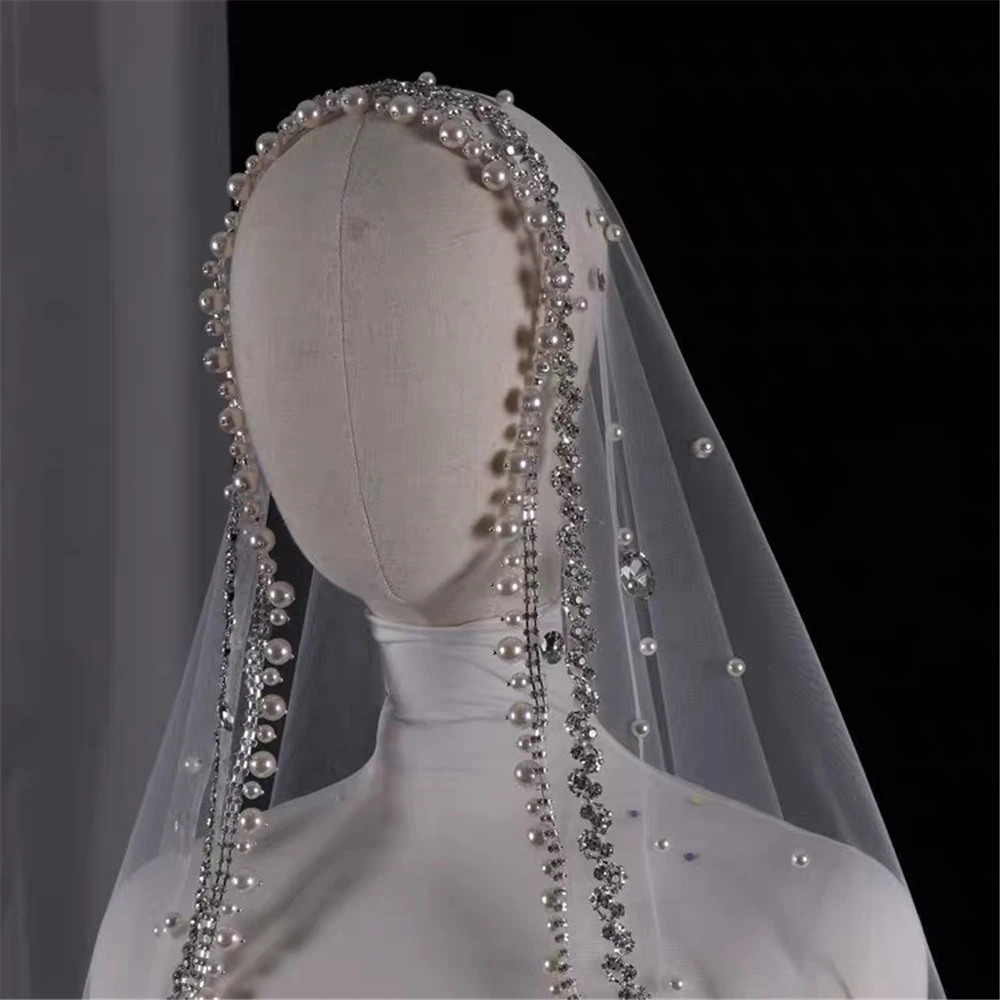 Velo de novia de perlas, velo largo de 1 nivel para catedral de novia con Mantilla de perlas, velo de novia de cristal de tul lujoso, accesorios