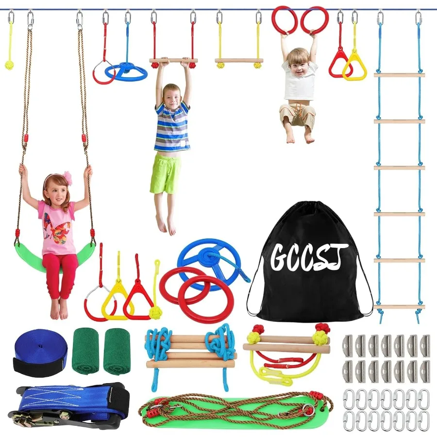 

55FT Ninja Warrior Obstacle Course for Kids with 12 Obstacle Course Accessories-Swings, Monkey Bars, Arm Trainers and More, Suit