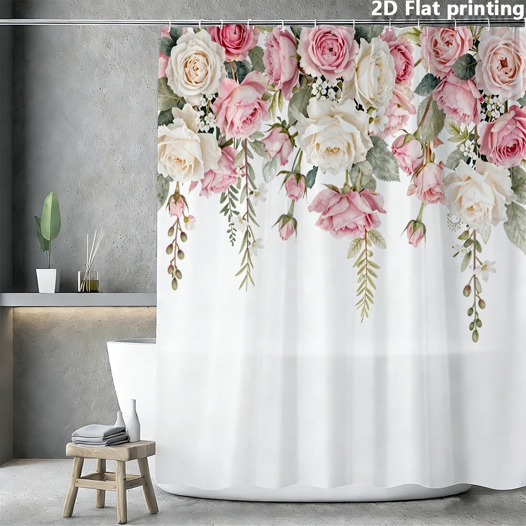 

Розовая и белая шторка для душа с цветочным узором, 1 шт., полиэстер, 2D плоская печать, 70.8x70.8 дюймов, акварельные розы с зеленью на кремовом фоне