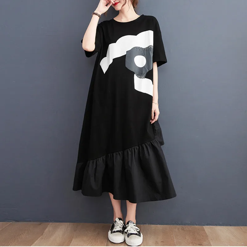 女性用の黒のロングTシャツドレス,スプリット,ジョイントフリル付き,Aラインカット,半袖,ルーズアシンメトリードレス,女性用ラウンドネック,#3899