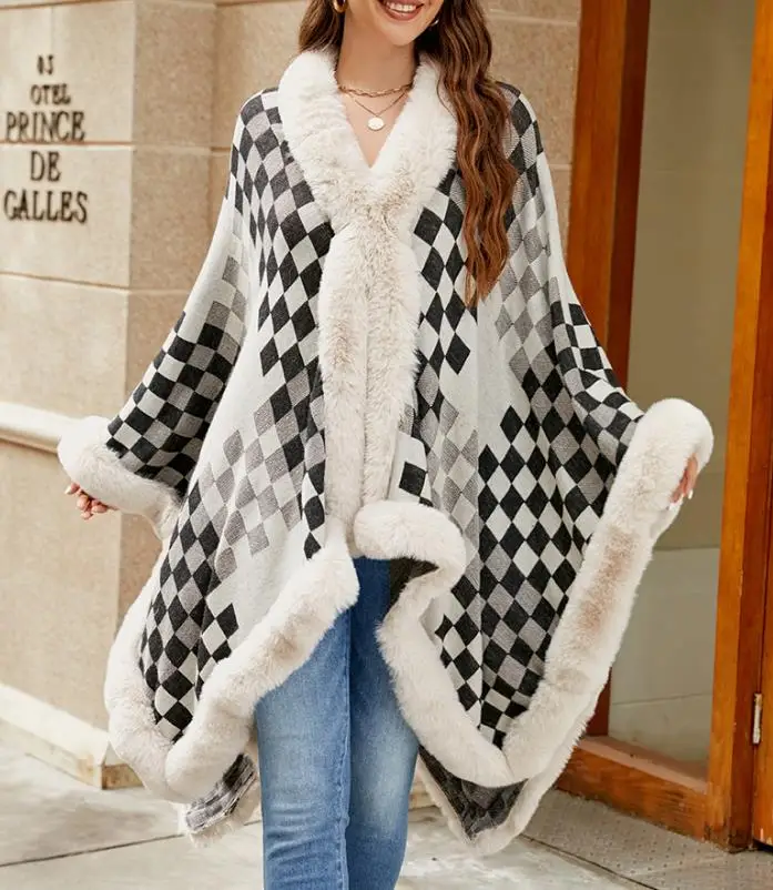 

Women's Elegant Cardigan 2025 Autumn Winter Latest Temperament Fur Collar Shawl Thickened Warm Knit Cape Coat Open Front Jacket